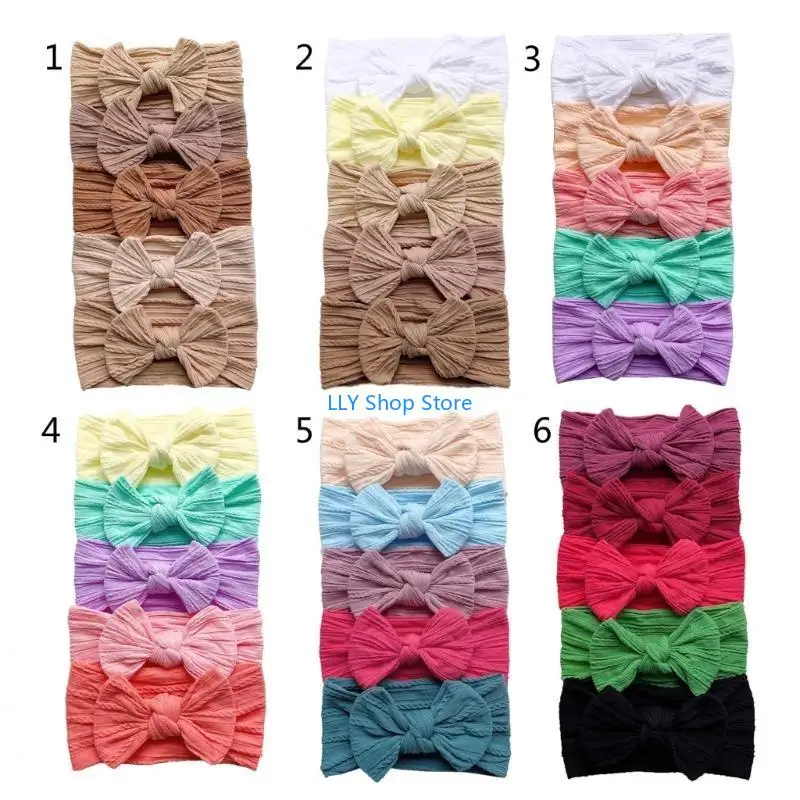 

T8UD 5Pcs Baby Turban Headband Wide Bow Hairband Nylon Hair Bands Infant Photo Props