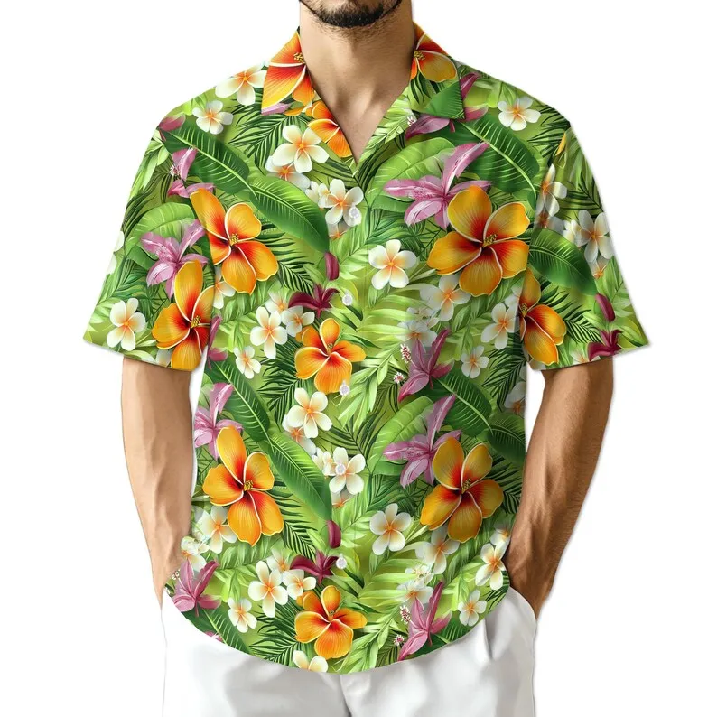 

Men's Retro Palm Tree Print Hawaiian Shirt Short Sleeve Tropical Hibiscus Graphic Button Down Beach Vacation Shirt