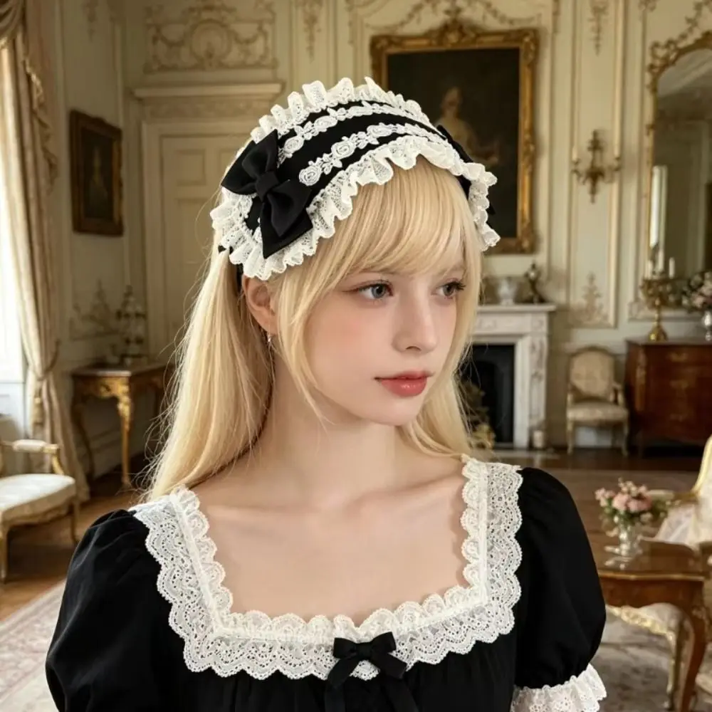 Cute Spicy Girl Lolita Lace Headband Y2k Black Lolita Hair Clip Ribbon Bow JK Cosplay Headdress Masquerade Headpiece