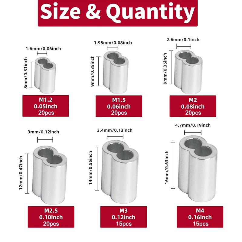 110-Pieces 6 Sizes Aluminum Crimping Loop Sleeve Double Barrel Ferrule for Wire Rope and Cable Line End Assortment Kit - M1.2-M4