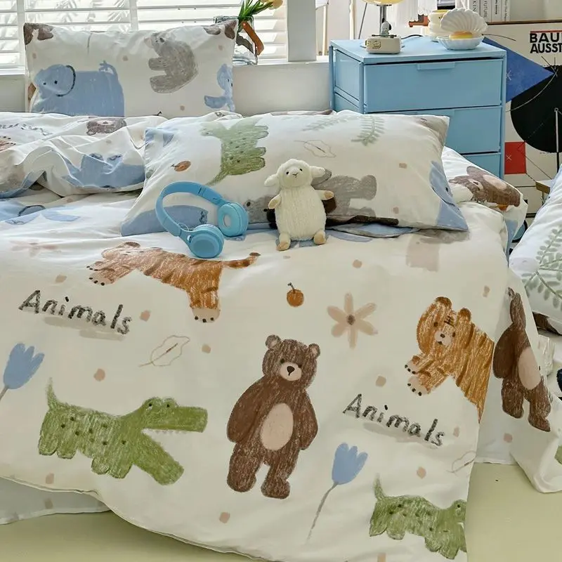 Cute Animals Bedding Set Ins Style Soft Duvet Cover Flat Sheet Pillowcase Twin Queen Student Home Hotel Comforter Cover