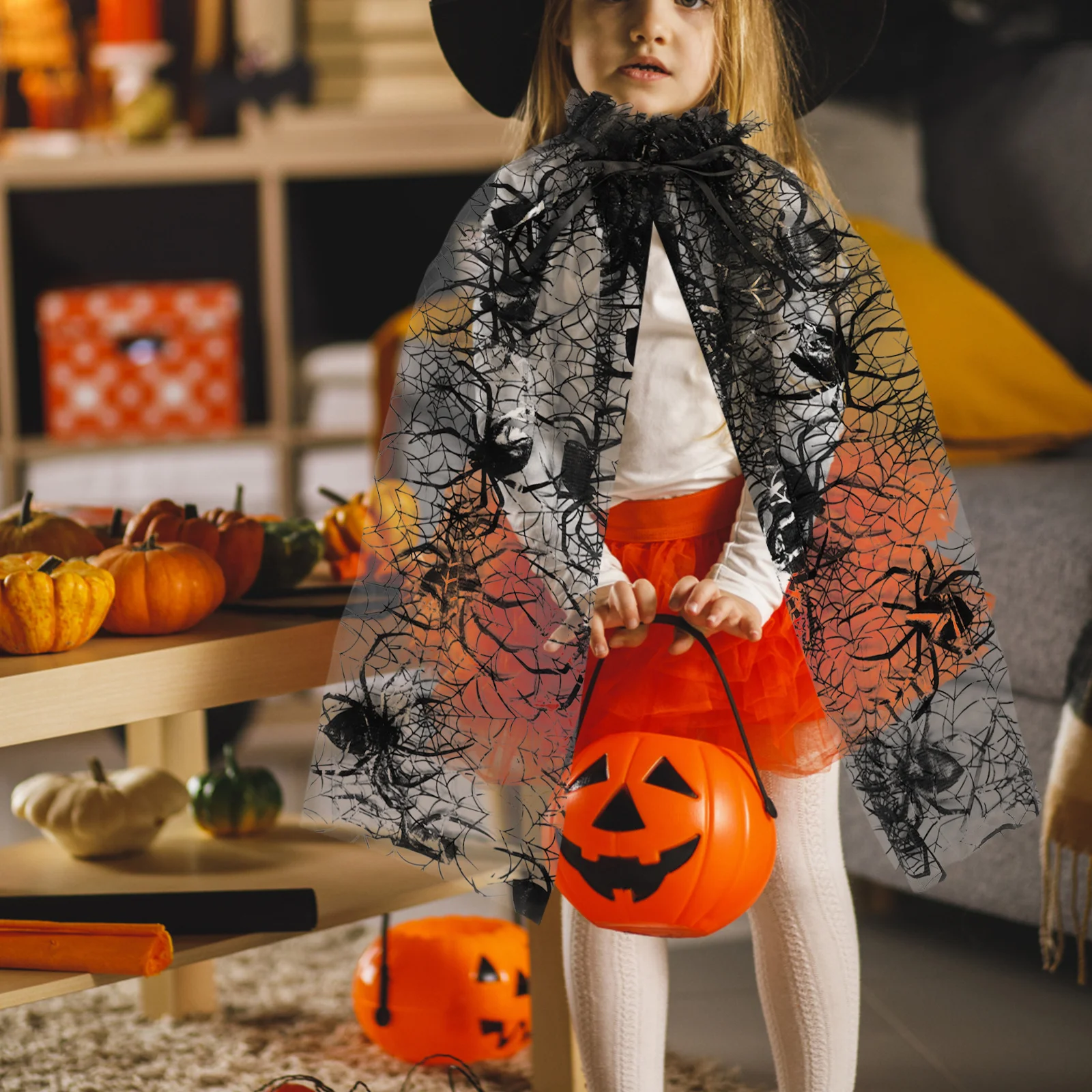 Płaszcz na Halloween dla dziewczynki, poliester, pajęczyna, peleryna pająka, kostium na imprezę Halloween, przebranie cosplay, peleryna pająka, kostium.
