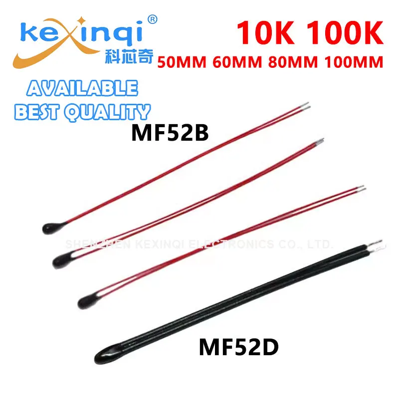 10PCS MF52B MF52D NTC Thermistor Thermal Resistor B3950 B3435 10K 100K 50mm 60mm 80mm 100mm Resistance Red Black kexinqi