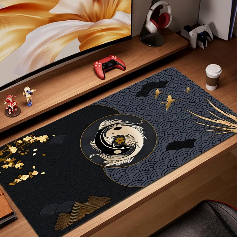 

Japanese Desk Mats Fish HYBXAXC Black Gold Large Gaming Deskmat Kawaii Mouse Pad Office Desks Decor Anime Aesthetics Table Mat