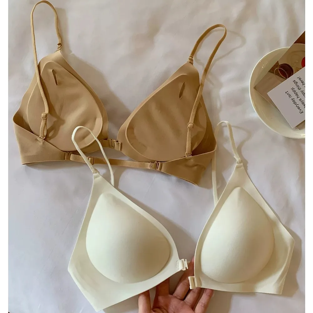 Women Spaghetti Strap Beauty Back Bra Front Closure Small Bust Push Up Anti Sagging Side Shaping Soft Seamless Underwear 32-38