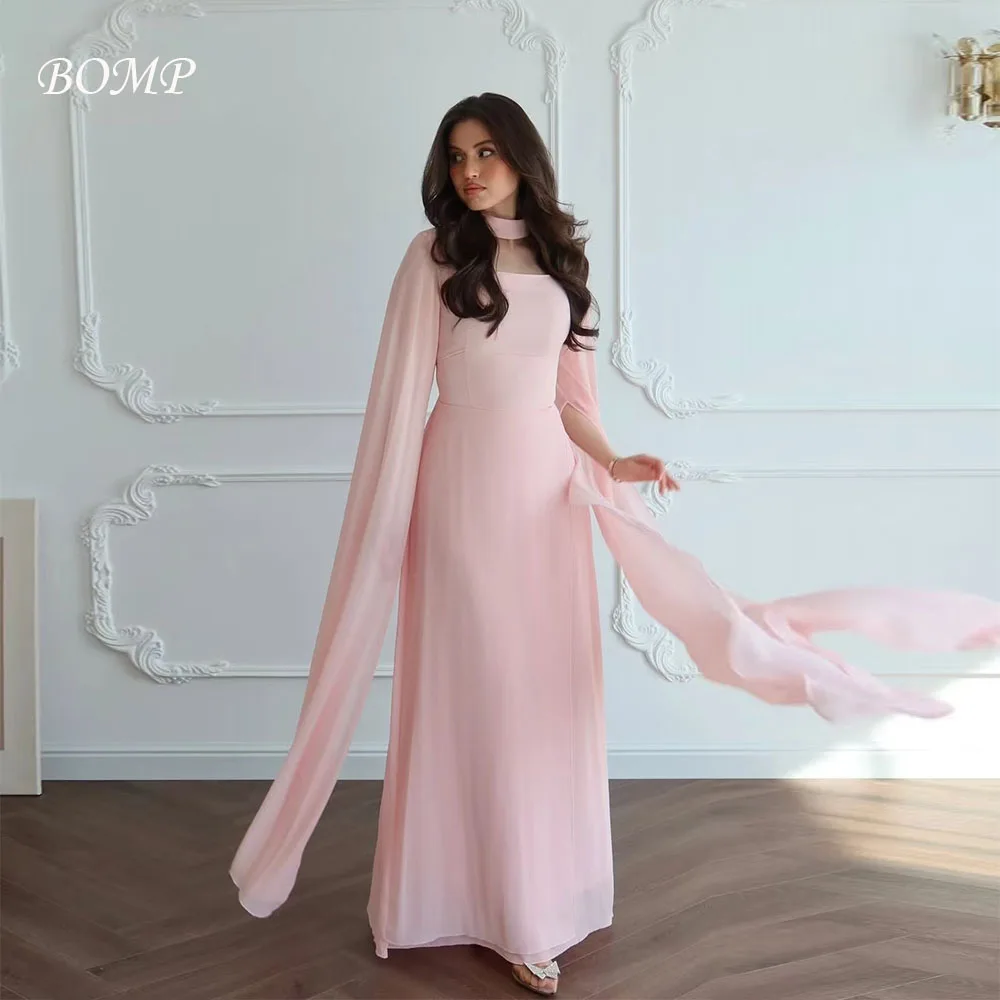 

BOMP Elegant Pink Evening Dress with Long Jacket Strapless A-Line Chiffon Formal Occasion Party Dresses Customized Saudi Arabic