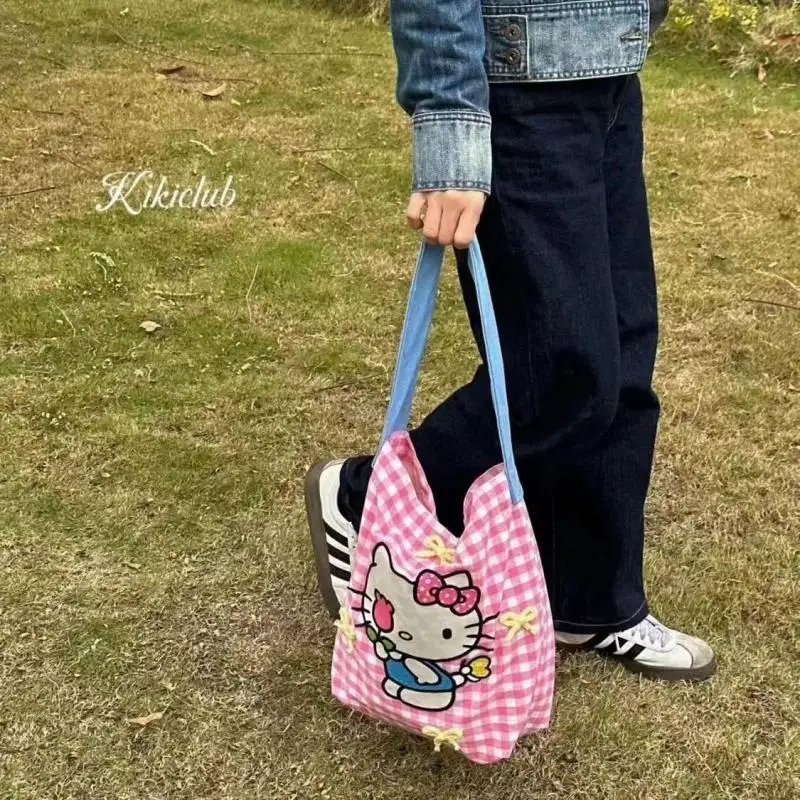 Kawaii Sanrio Hello Kitty torebka Anime urocza kreskówka różowa krata damska przenośna torba pod pachę z płócienną torbą o dużej pojemności