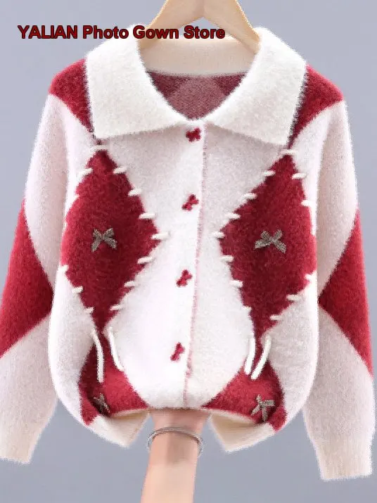 Girls Cardigan Kids Autumn Winter Knit Cardigan Plaid Pattern Thickened Warm Older Kids