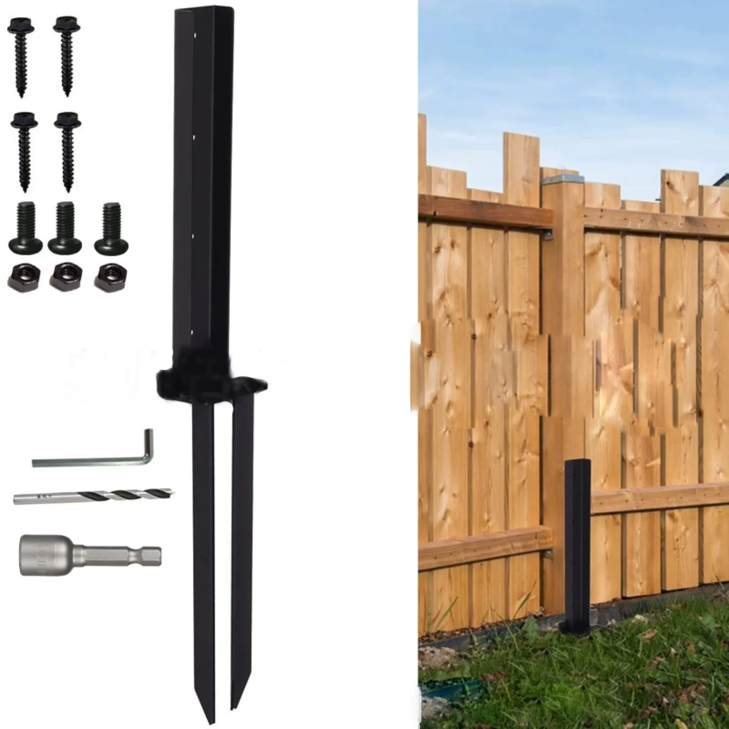 عمود السياج الثقيل ذروة أرضية ثابتة باللون الأسود مع ذراع لقط قابل للتعديل بقطر 5-15 سم للمعادن الخشبية #1