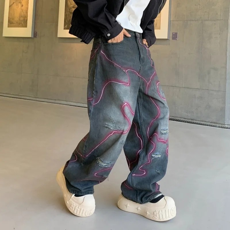 Fashion Purple Lightning Pattern Washed Jeans 2026 Spring Autumn Winter New Men's Loose Straight Leg Fake Hole Pants