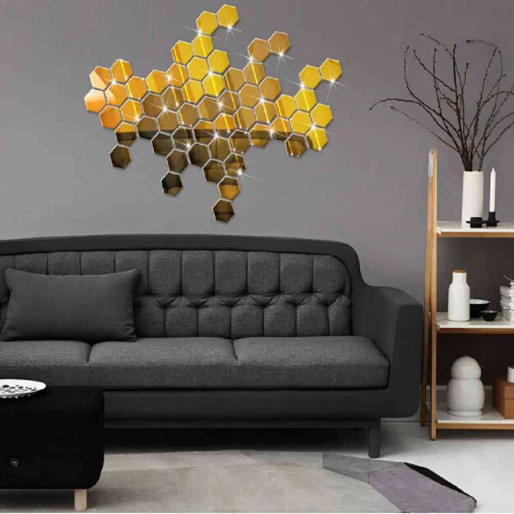 6/12Pcs Fashion Art 3D Home Decor Mural Decals Geometric Hexagon Mirror Wall Sticker