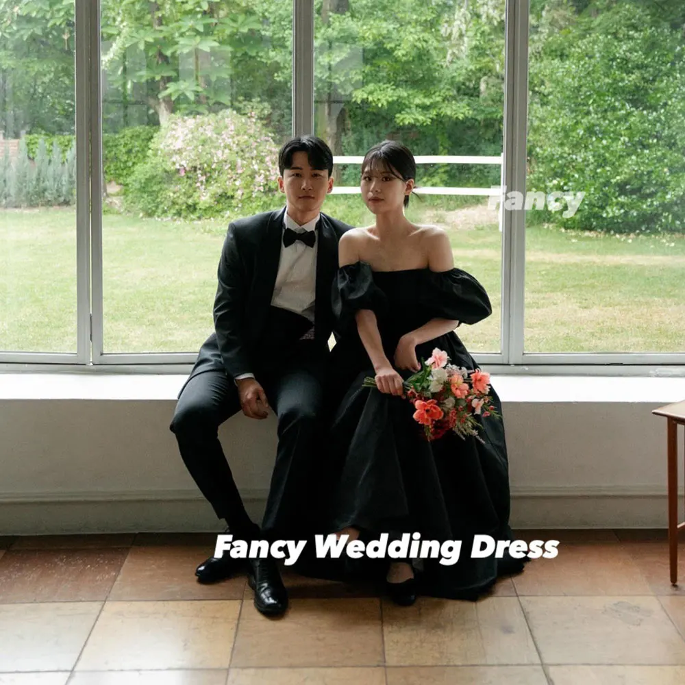 Fancy Simple Strapless Taffeta Wedding Dress Korea Photo Shoot Detachable Puff Sleeve Bridal Gown Back Corset Customized