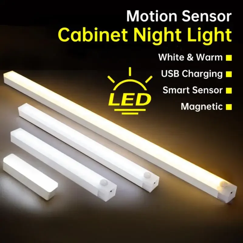 Lampu malam Sensor gerak, lampu malam Sensor gerak, lampu LED nirkabel, isi ulang daya USB, lampu 100mm/200mm/300mm/500mm, lampu hangat putih, lampu Magnet lemari pakaian