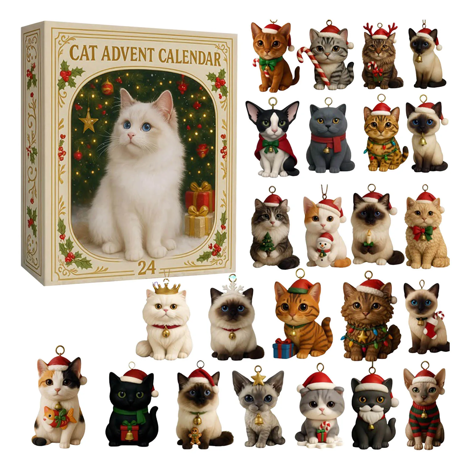 Hot Toys Calendario dell'Avvento per gli amanti dei gatti di Natale 2025 contenente 24 bambole adatte a vari giorni fino alla conto alla rovescia di Natale per i bambini