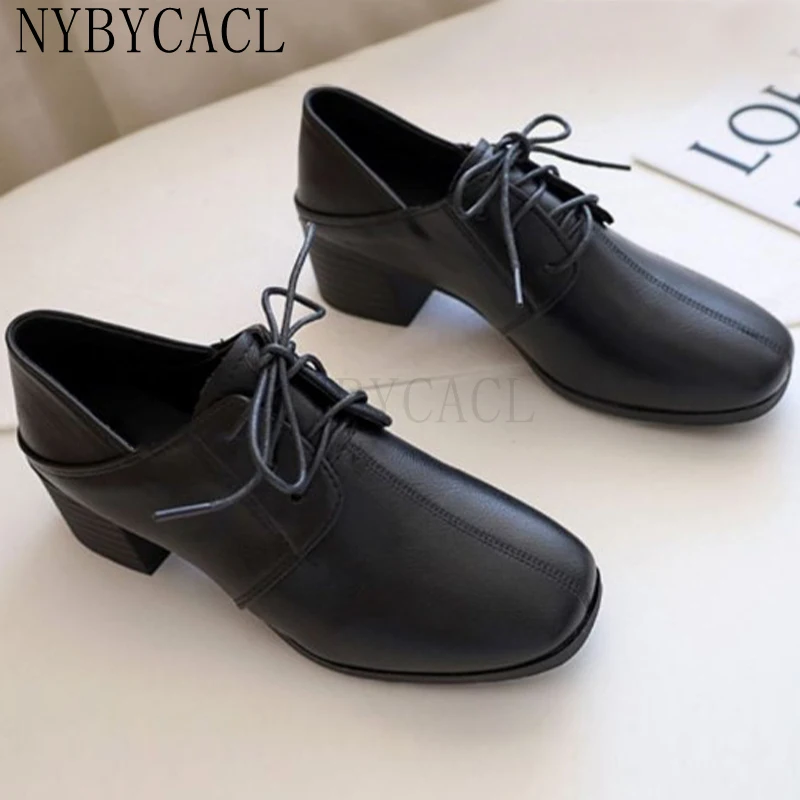 Women 2022 New Casual British Style Single Shoes Female Mid Thick Heel Lace Up Solid Small Shoes College Style Retro Work Shoes