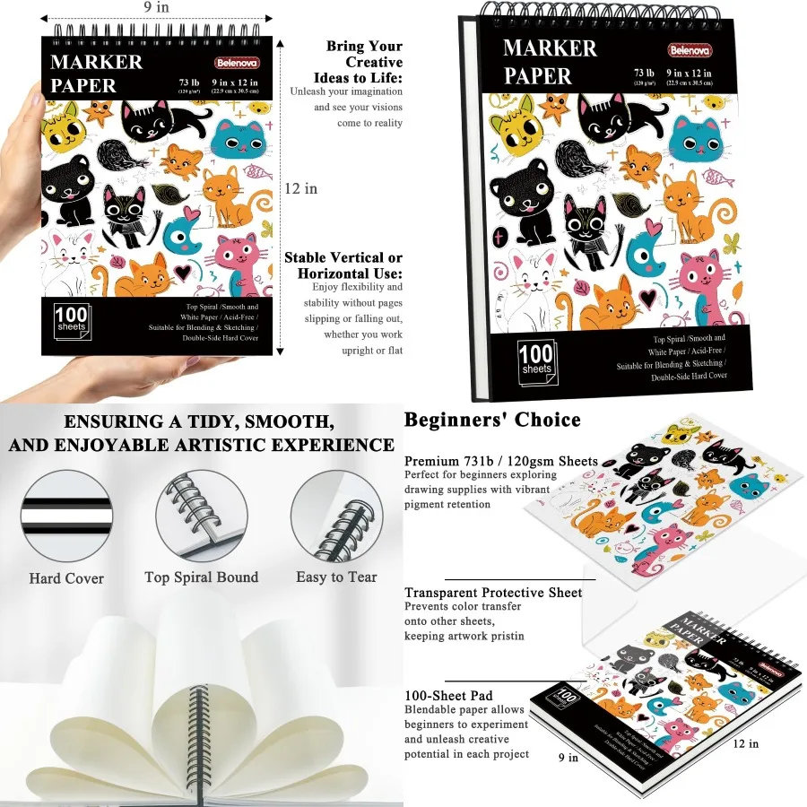 

9 x 12 Marker Paper Pad with 100 Bleedproof Sheets Ideal for Alcohol Markers and Artistic Drawing Coloring High-Quality 73lb/12