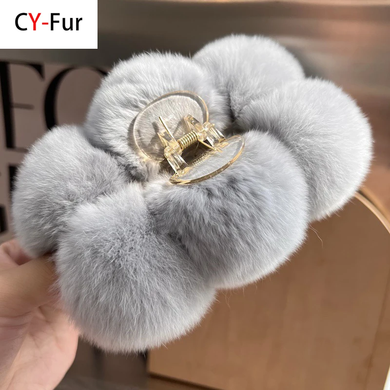 

2024 Autumn and Winter Temperament Plush Clip Shark Clip Hair Clip Headwear on the Back Large Genuine Rex Rabbit Fur Ball Clip