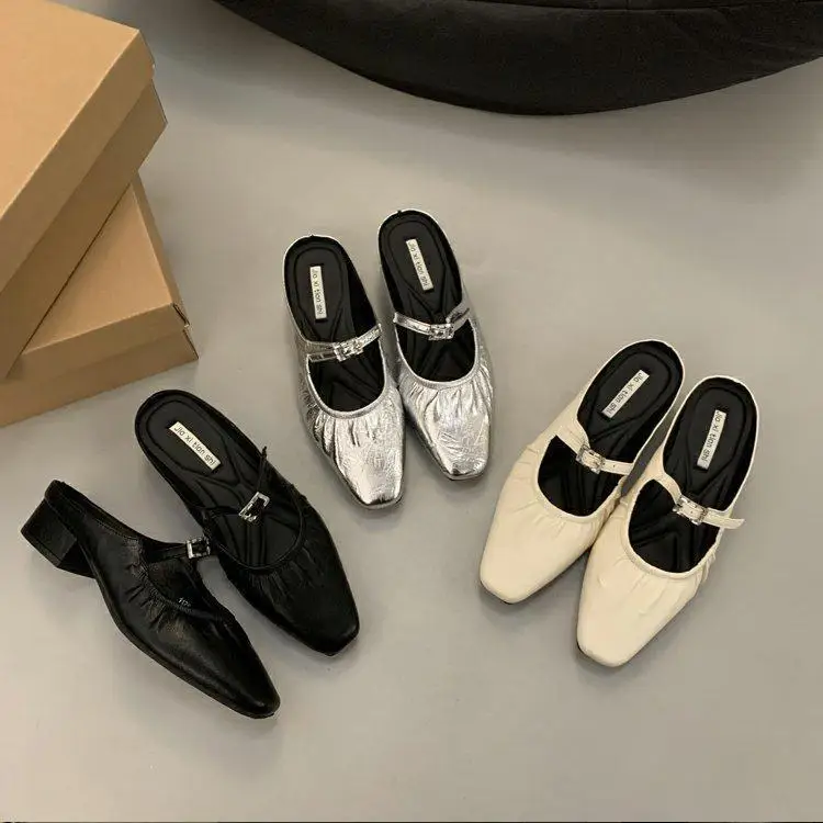 Summer Women's Square-toes Shoes Minimal Soft Crinkled Chunky Heel Slippers Solid Color Daily Commute High Heels