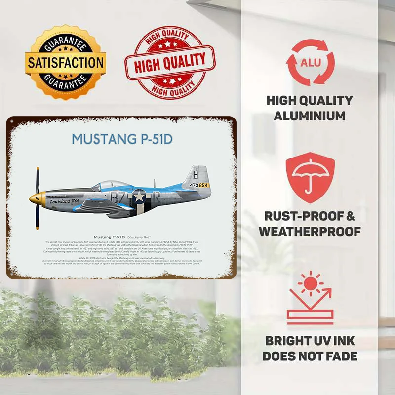 Mustang P51 Louisiana Kid Poster Customized Vintage Metal Signs Wall Art Retro Tin Plaque for Desk Decor Room Office Decoration