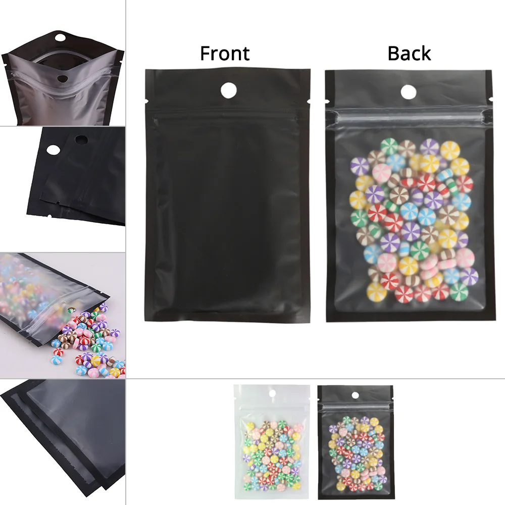 100pcs 10x18cm One Side Clear Matte Black Plastic Bag Eco-friendly Smell Proof Heat Sealable Flat Bottom Ziplock With Hang Holes