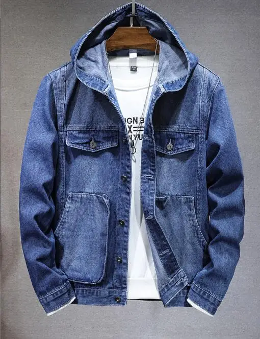 Jaqueta jeans masculina com capuz, casaco jeans casual, cor sólida, gola virada para baixo, casacos jeans masculinos