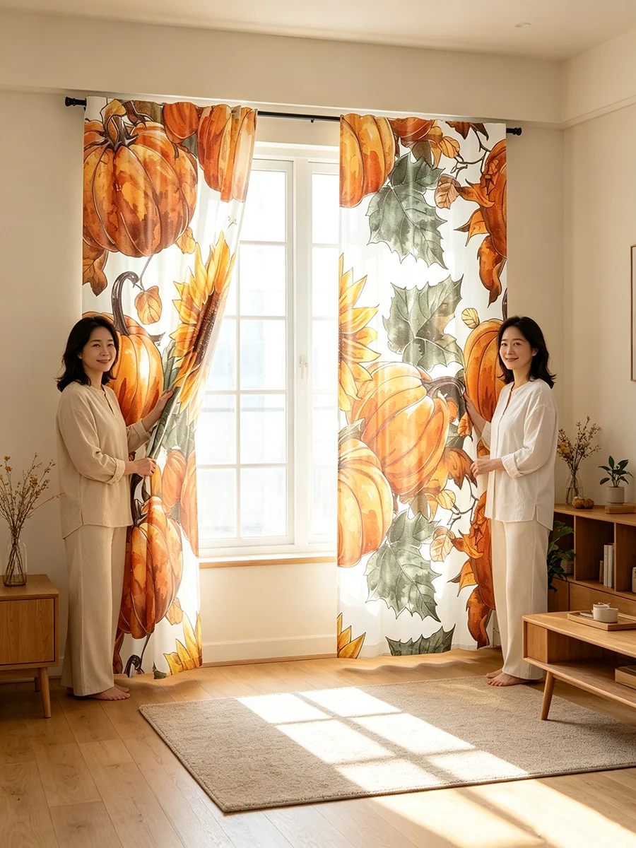 2PCS Digital Printed Curtains, Fall Pumpkin Sunflower Watercolor Pattern, Farmhouse Thanksgiving Decoration