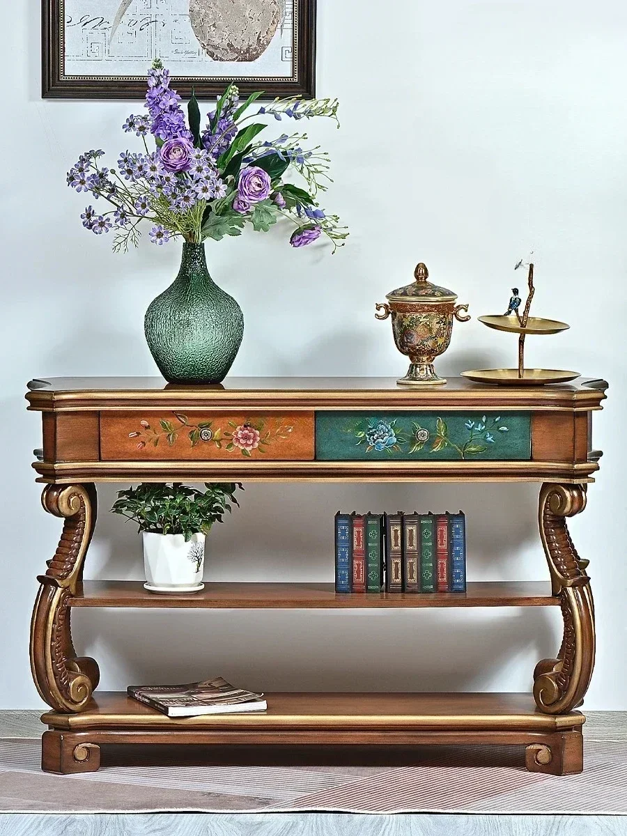 American Country Painted Console Tables Partition Wall Solid Wood Vintage Engraving Storage Rack