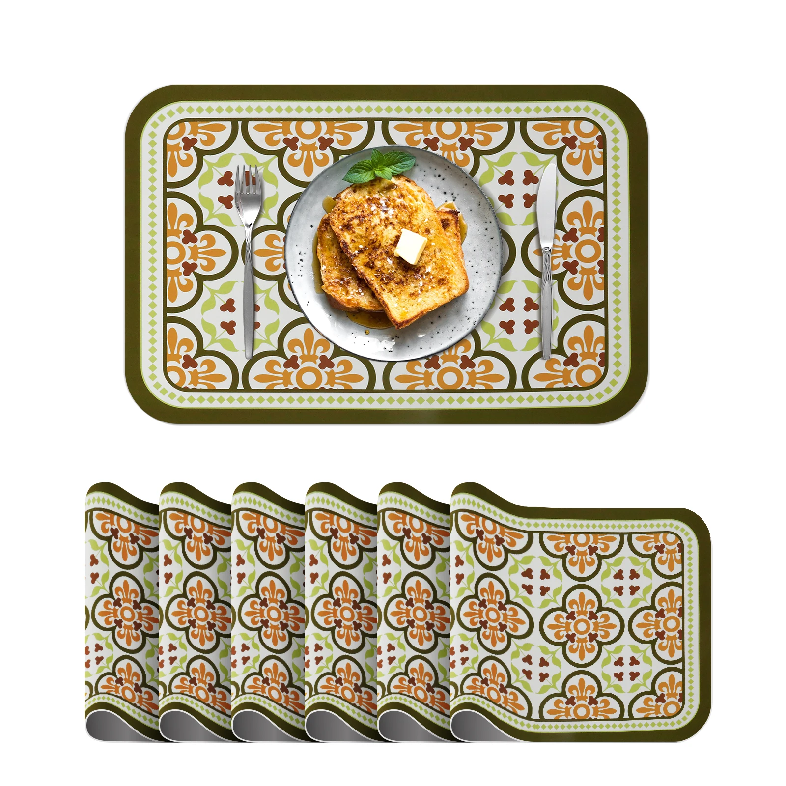 

17.7 in. x 11.8 in. Leather Non-slip Easy to Clean Placemats for Dining Tab, Green Floral Design, Set of 6,for US