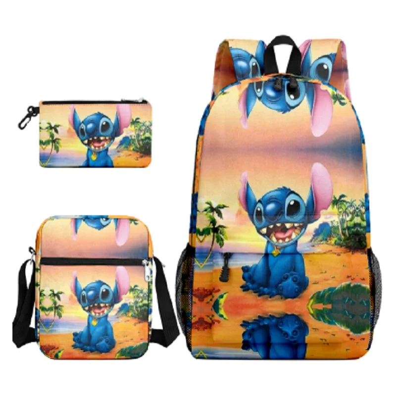 New Disney Stitch Cartoon Printing Three-Piece Backpack Messenger Bag Pencil Case Lunch Bag Student Schoolbag Go To School Gift