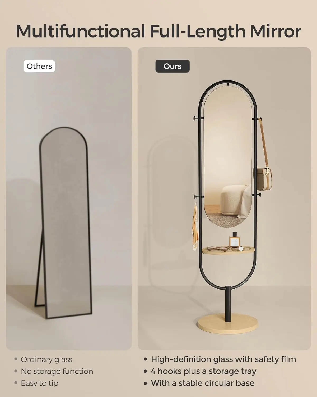 Full-Length Floor Mirror, 3-in-1, Modern Standing Full Body Mirror, Inspired by Original Award-Winning Design, 16.5 x 18.9 x 68.