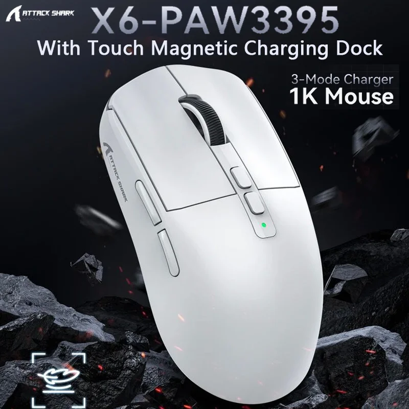

Беспроводная трехрежимная игровая мышь Attack Shark X6 с сенсорной магнитной зарядной док-станцией 2,4 г/Bluetooth, легкая игровая мышь для киберспорта