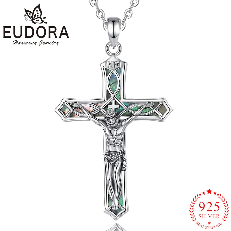 Eudora 925 Sterling Silver Crucifix Cross Necklace Abalone Shell Jesus Pendant Christian Jewelry Religious Gift for Men Women