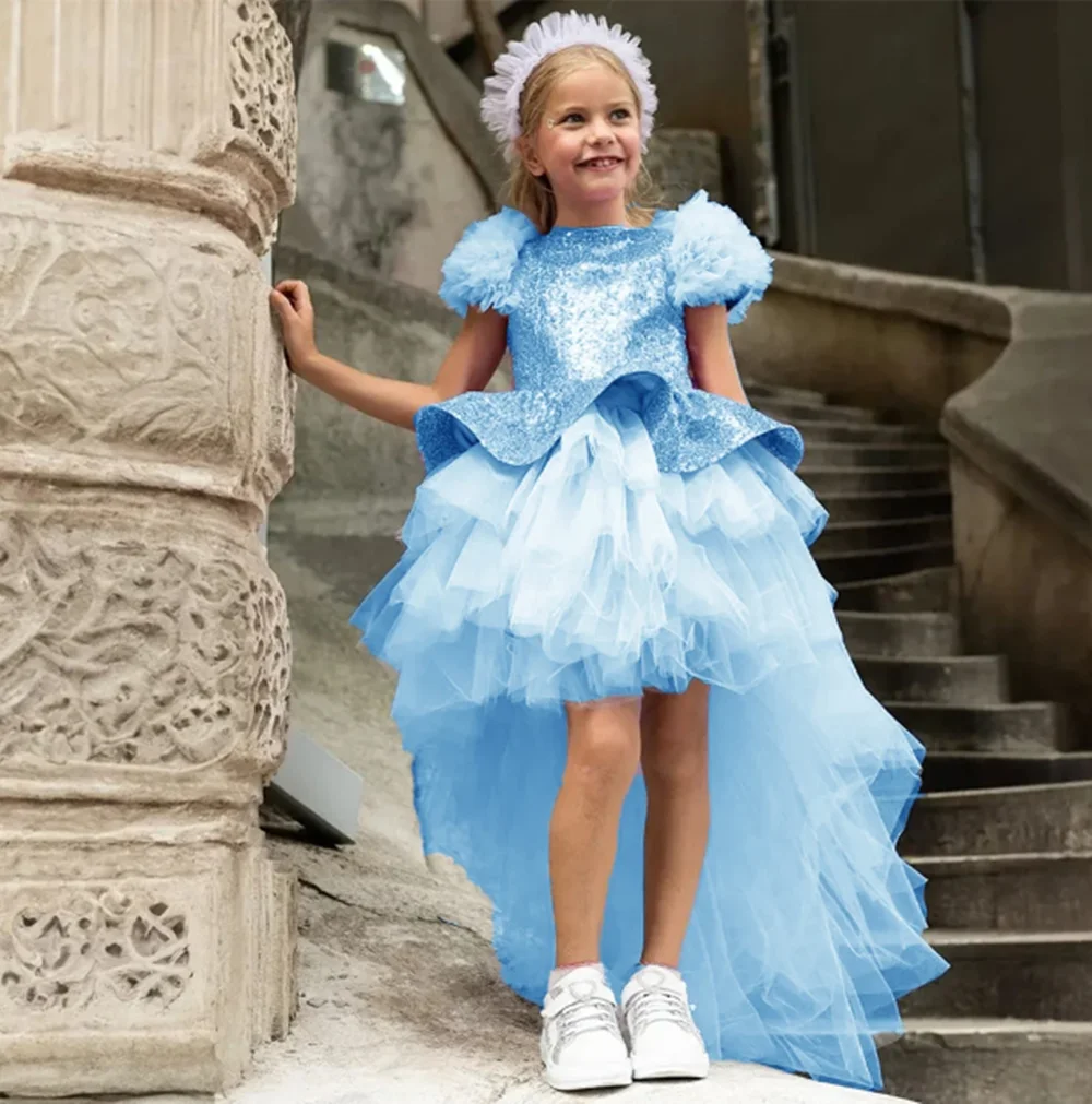 

Pleat Shiny Sequined Short Sleeve A Line Sweep Train Wedding Party Flower Girl Dress Mini Length First Communion Gown New 2025