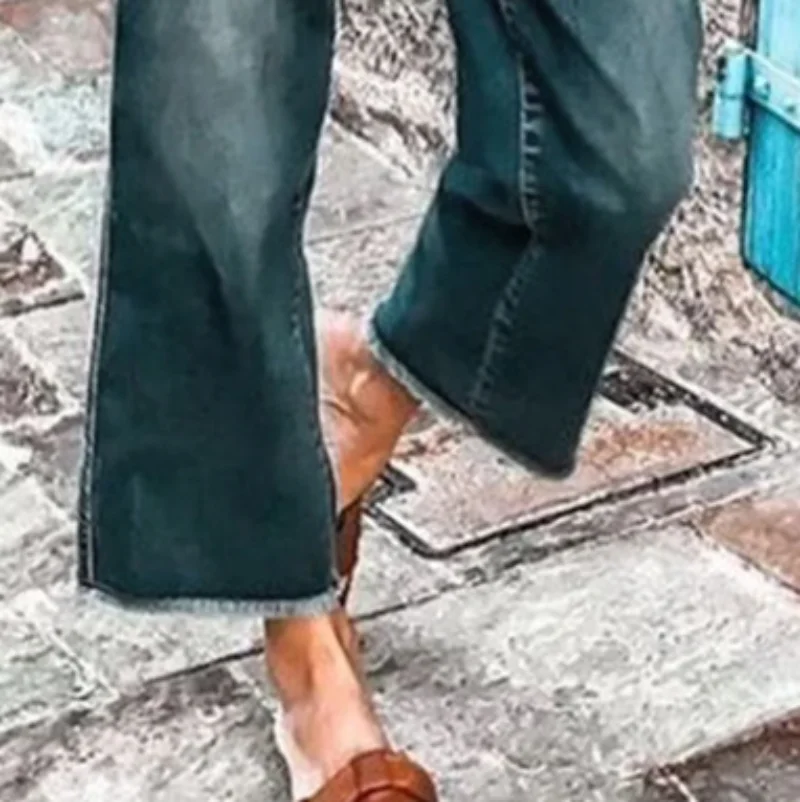 2023 Autumn Female Flare Jeans School Girls Frayed Hem Cropped Denim Pants Plus Size Ankle-length Woman Vintage Trousers Loose