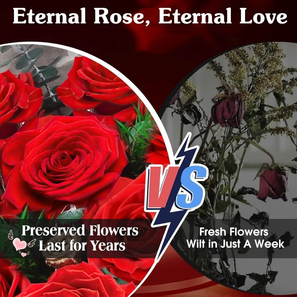 باقة الورد الأحمر المحفوظة - 12 زهرة حقيقية مع أضواء لهدايا عيد الميلاد والذكرى الرومانسية لعيد الحب #3