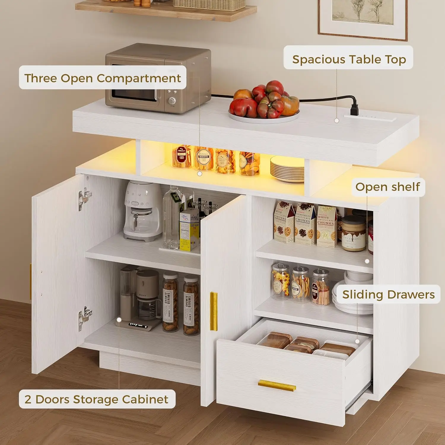 Coffee Bar Cabinet with Storage, Buffet Cabinet with Outlet, White