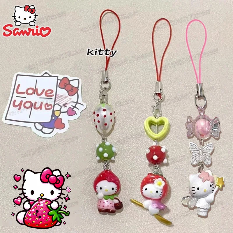 

Sanrio Hello Kitty Strawberry Pendant Anime Cartoon Angel Phone Chain Keychain for Girls Cute Accessories Gift