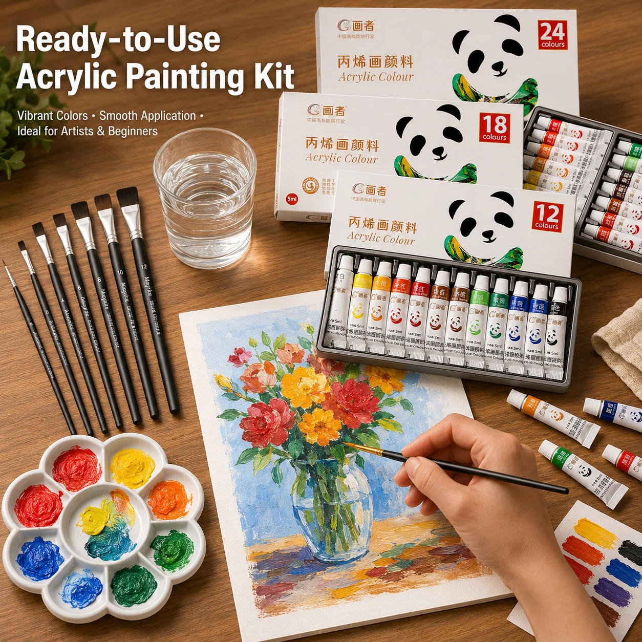 20/26/32pcs Acrylic Paint Set,12/18/24 Colors 5ml/0.18oz Paint Tubes with 7 Brush,Palette for Canvas,Stone,Wood,Model