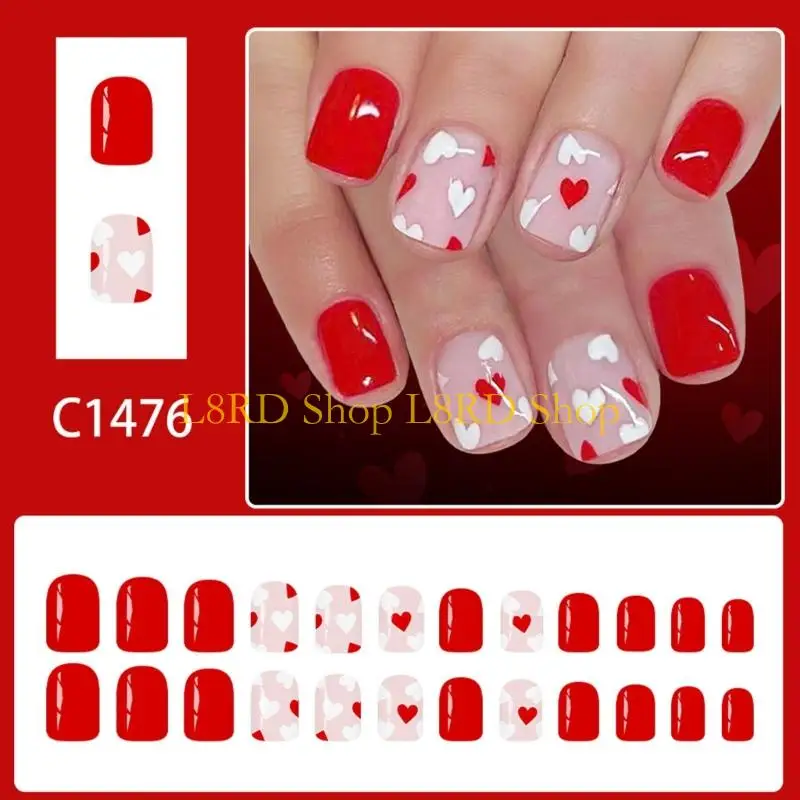 L8RD 24Pieces Glossy Square Press On Romantics Valentines Heart Design ABS