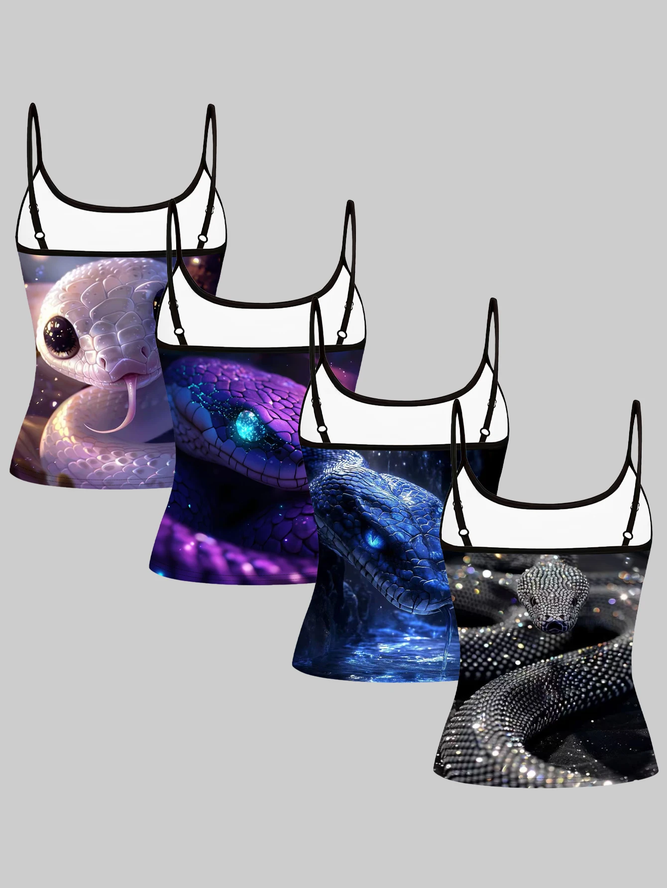Women's 4-Piece Set of Printed Camisoles with Designs of White Cute Snakes, Amethyst Glowing Snakes, Blue Water Illusion Snakes, and Sparkling Silver Scales Python Patterns, Slim-Fit, Flattering, Outerwear, Sleeveless Tops