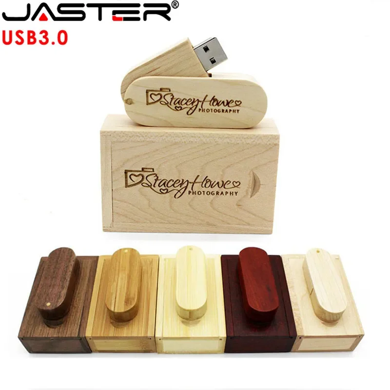 

JASTER USB 3.0 Free Custom Logo Rotatable Wooden Flash Drive 4GB 8GB 16G 32GB 64GB 128GB Memory Stick Photography Wedding Gift