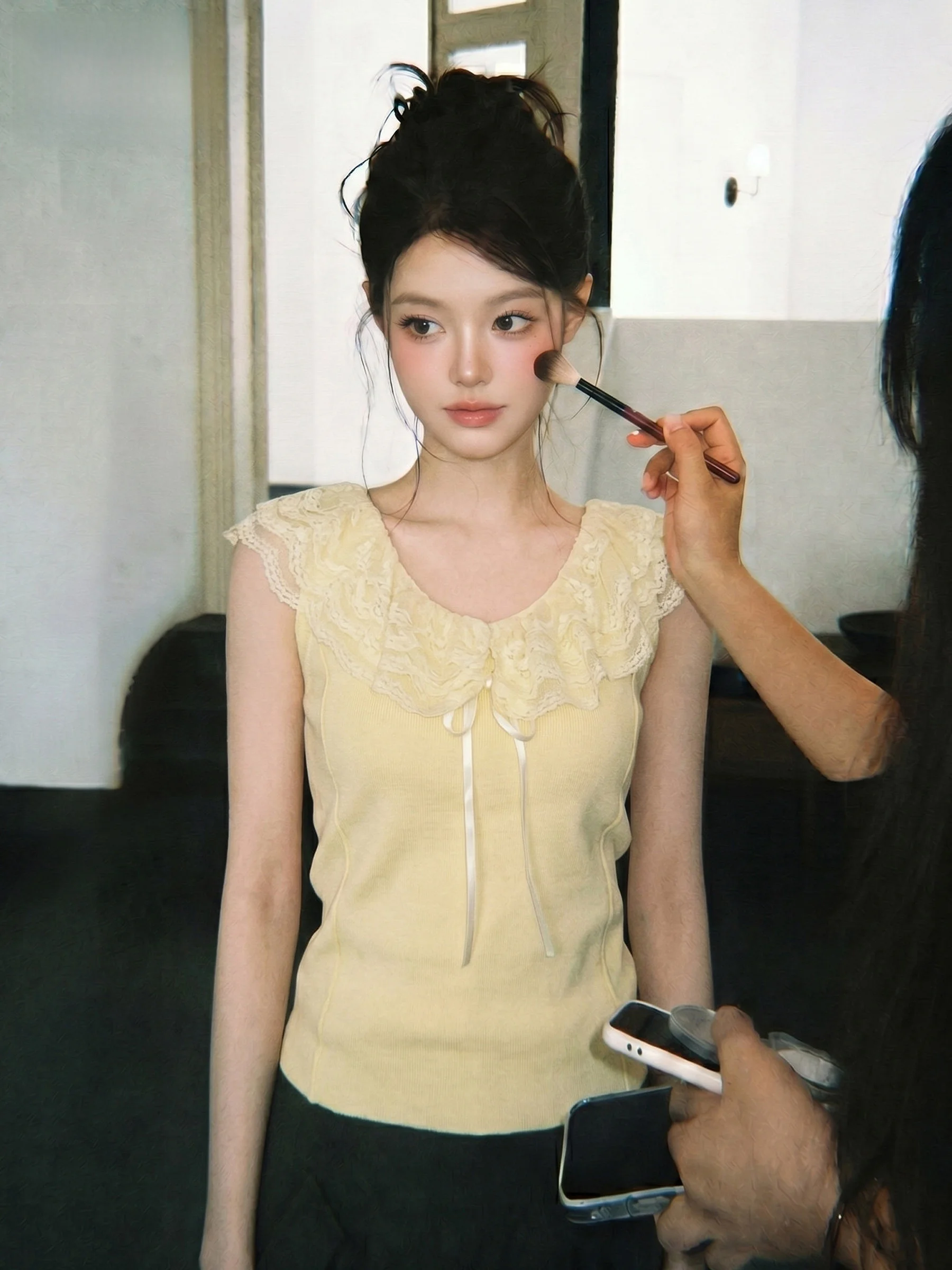 

Korean Style Sweet Lace Trim Halter Top Women's New Summer Slim Knot Belted Small Shirt U-Neck Splice Thin Fit Vest