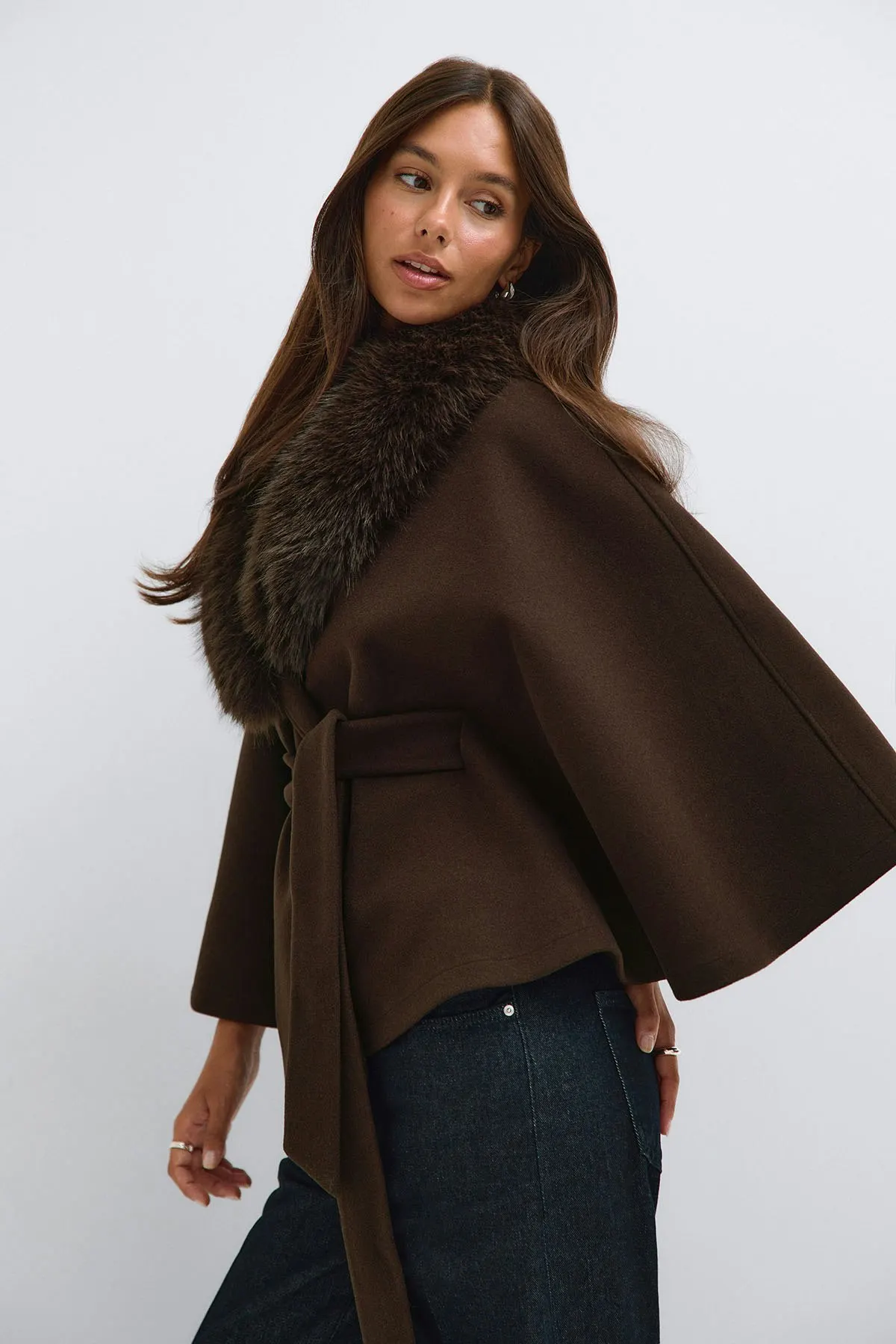 DFDG Women 2026 Wool Blend Cape Wrap Coat Faux Fur Large Lapel Collar Belted Waist Wide Sleeve Elegant Winter Outerwear Coat