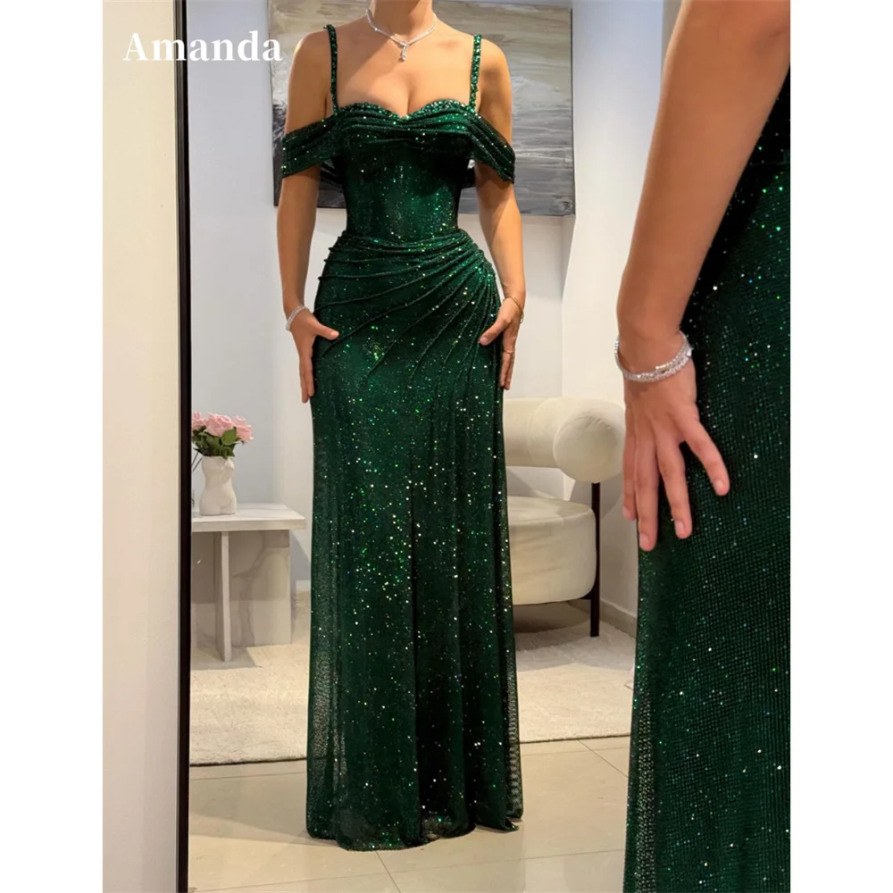 

Amanda Customized Green Spaghetti Strap Glitter Prom Dress Mermaid Side Split vestidos de noche Draped Sleeveless Formal Evening