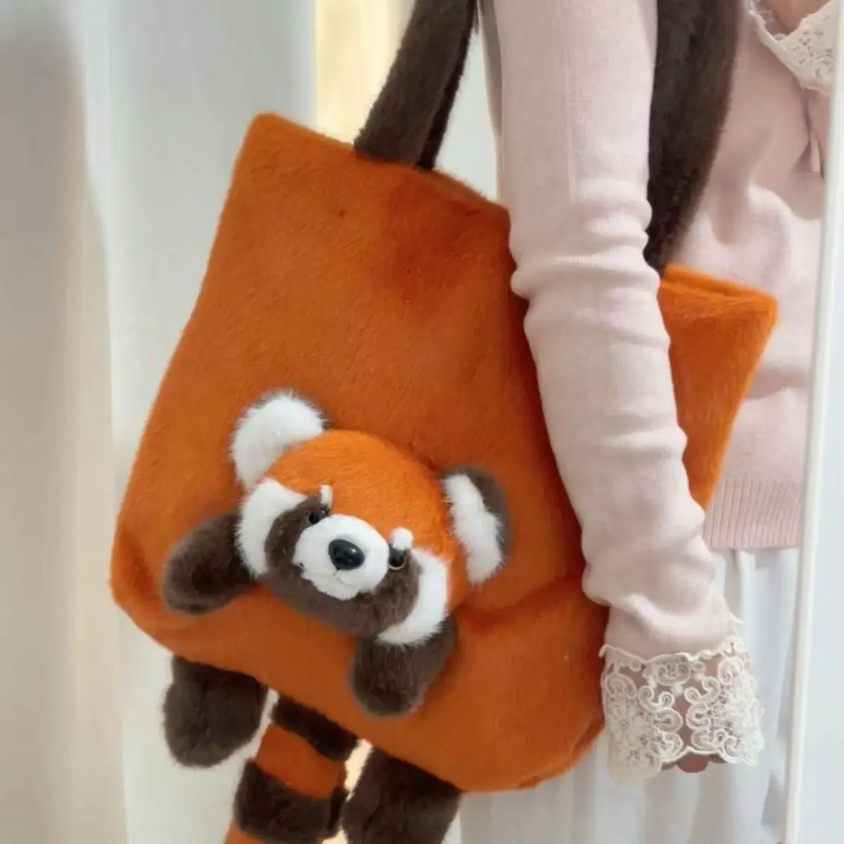 

JIAERDI Sweet Cute Brown Bear Handbag Women Large Capacity Cartoon Red Panda Shoulder Bag Ladies Plush Soft Casual Underarm Bags