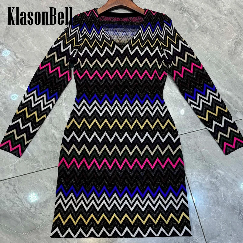 

11.9 KlasonBell Elegant Metal Zigzag Pattern Print V-Neck Long Sleeve Stretchy Knitted Mini Dress Women's