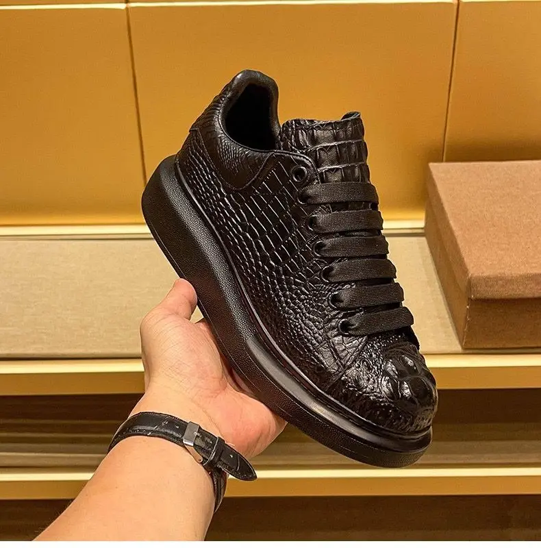 

summer crocodile print black men's breathable shoes running casual sports board shoes natural cowhide soft sole shoes