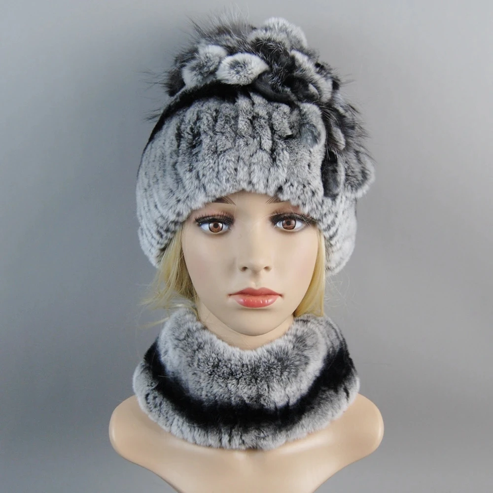 Hot Sale Women Warm Rex Rabbit Fur Hat Scarf Sets Winter Lady Knit Fur Hats Muffler 2 Pieces Natural Rex Rabbit Fur Cap Scarves