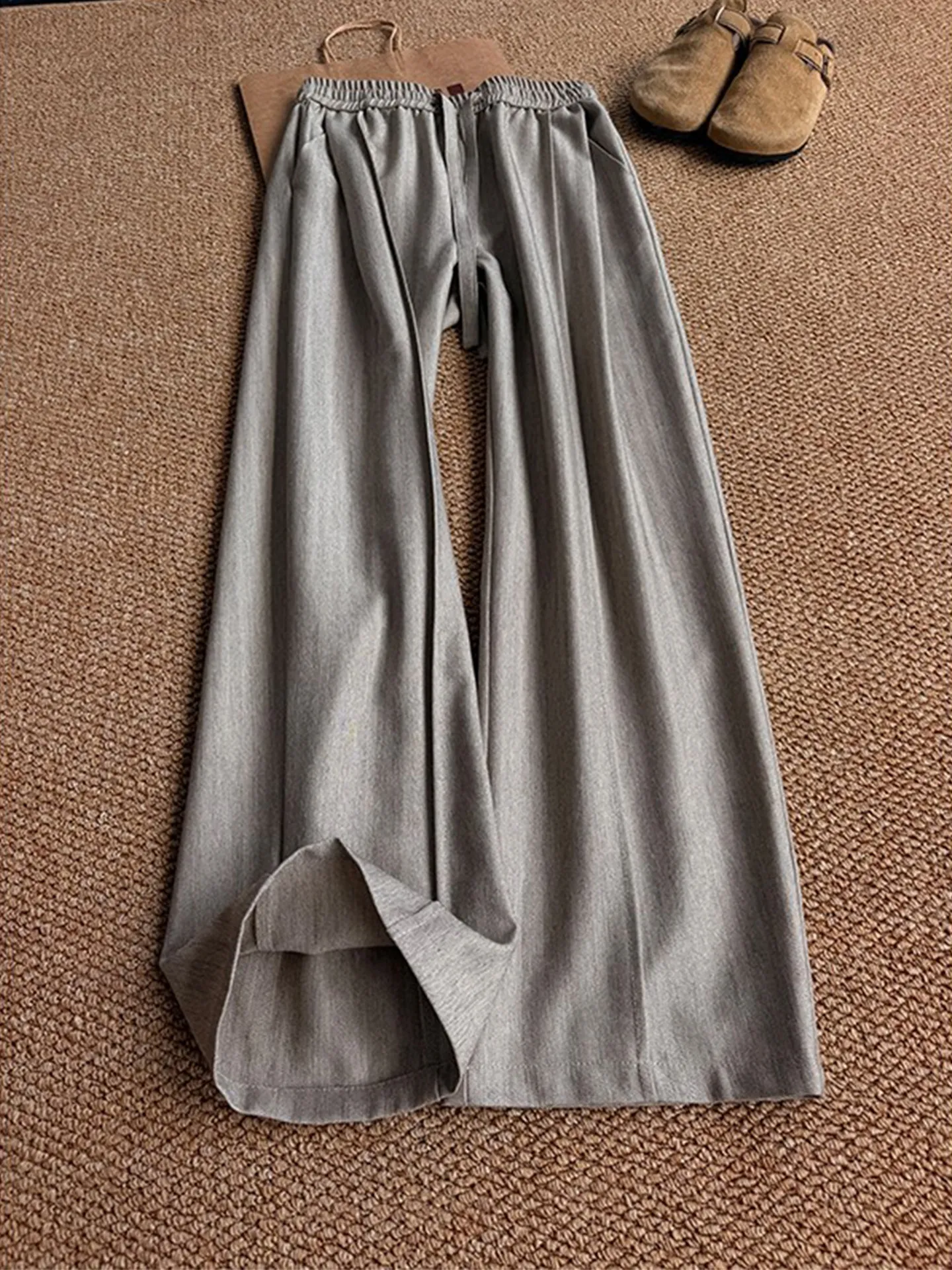 Gray Gingham Pattern Men's Casual Pants Autumn Lazy Style Pleated Straight Leg American Retro Comfortable Fashionable Trousers