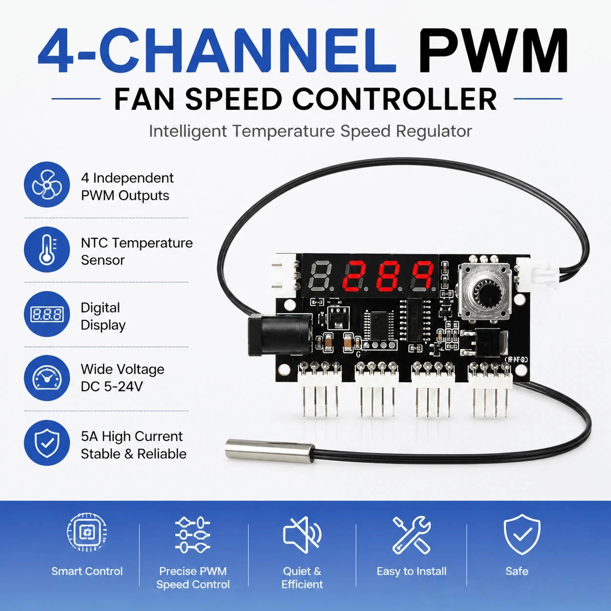 DC 5-24V 5A 4-Channel PWM Fan Controller Intelligent Temperature Speed Regulator Digital Display with NTC Sensor